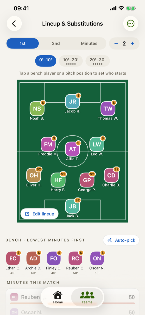 The starting eleven on the pitch, each shirt marked with the window they come off in, and the bench below sorted by fewest minutes.